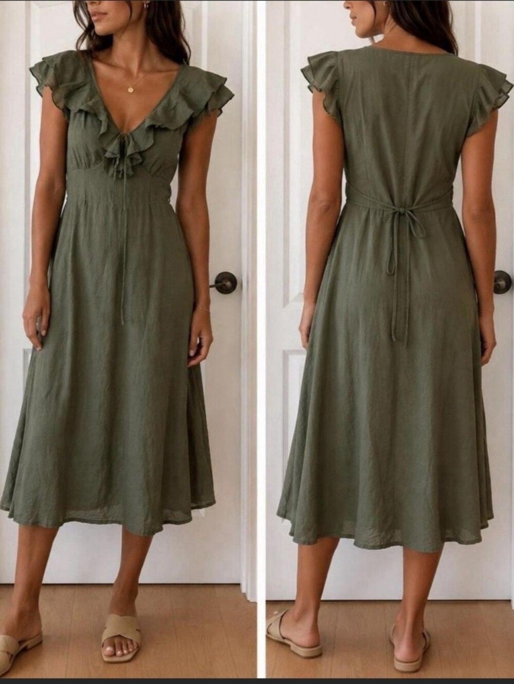 Old Navy Olive Green Ruffle Flutter Sleeve Midi Dress V-Neck Tie Back NWT XL
